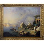 Oil paint on canvas depicting characters and marina with distant view of Mount Vesuvius, Giuseppe