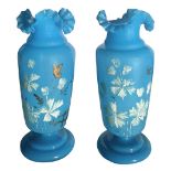 Pair of blue opaline vases with floral decorations in the early twentieth century. Decorated by