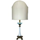 Glass opal lume, white and blue, based in gilded bronze, with fan, early twentieth century. H 100