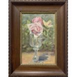 Paint depicting still life of flowers. Cm 27x18. Oil paint on canvas board. Signed and dated 1913