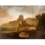 Oil paint on panel depicting landscape with bridge and river, XVIII Century. Cm 19x29.