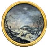 Oil paint on canvas depicting snowy landscape round, second half of the eighteenth century.