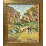 Oil paint on canvas depicting rural scene with characters, V. Ribaudo (Palermo 1937). Cm 50x40. V.