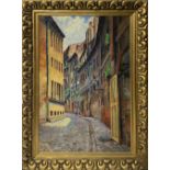 Oil paint on canvas depicting street glimpse between buildings, signed in the lower left-hand