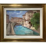 Oil paint on canvas depicting river landscape and Roman gate bridge 1920s, Gianni Paglietti. Cm 50