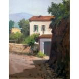 Oil paint on canvas depicting landscape with houses, 45x35 cm, twentieth century. Signed on the