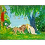 Naif painting, oil paint on canvas depicting exotic scene of nude woman with lion, Drago Angelo