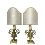 Couple of small lights in gilded bronze in the shape of amphorae, with fans, nineteenth century. H