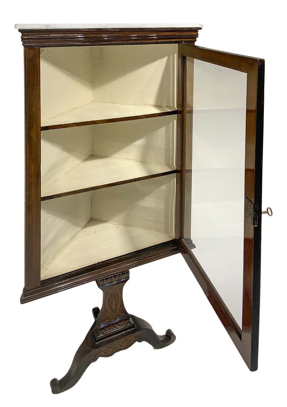 Pair of corner cupboards in rosewood with marquetry and Perfili light wood, white marble floor, the - Image 3 of 9