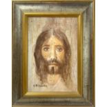 Tempera on cork depicting the face of Jesus, V. Ribaudo (Palermo 1937). Cm 30x20. Signed on the