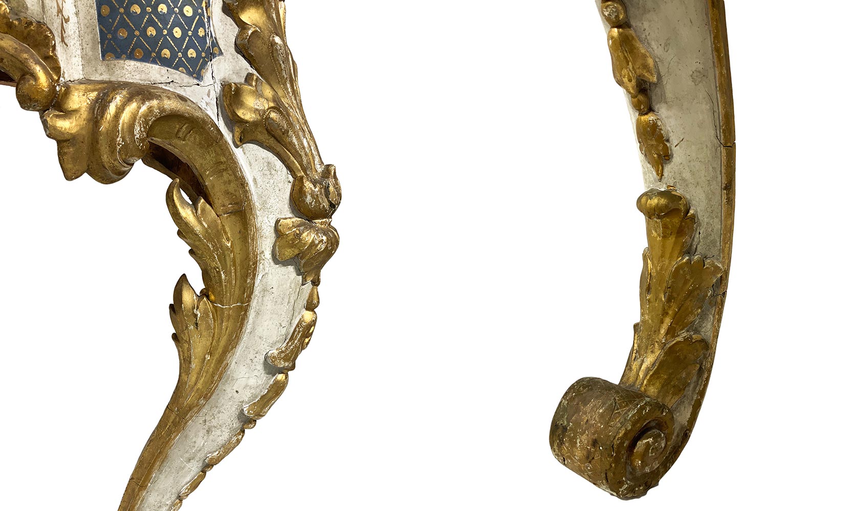 Pair of lacquered and gilded wood console, late XVIII/early 19th century, Sicily. White marble on - Image 7 of 8