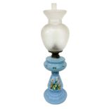 Opal glass oil lamp, turquoise color with floral decoration. Bowl frosted glass with angels