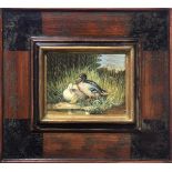 Oil paint on copper depicting ducks, Ida Calzolari (1936). 10x13 cm, 25x28 in frame.