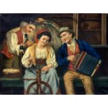 Oil paint on canvas depicting a young woman spinning wool and two elders suitors. Signed in the