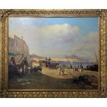 Oil paint on canvas depicting views of Vesuvius and the Bay of Naples with characters, Giuseppe De