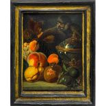 Oil paint on canvas depicting fruit still life with Monkey, Italy, seventeenth century. Cm 40x32.