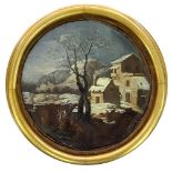 Oil paint on canvas depicting Round landscape with snow-covered houses, Italian area, second half