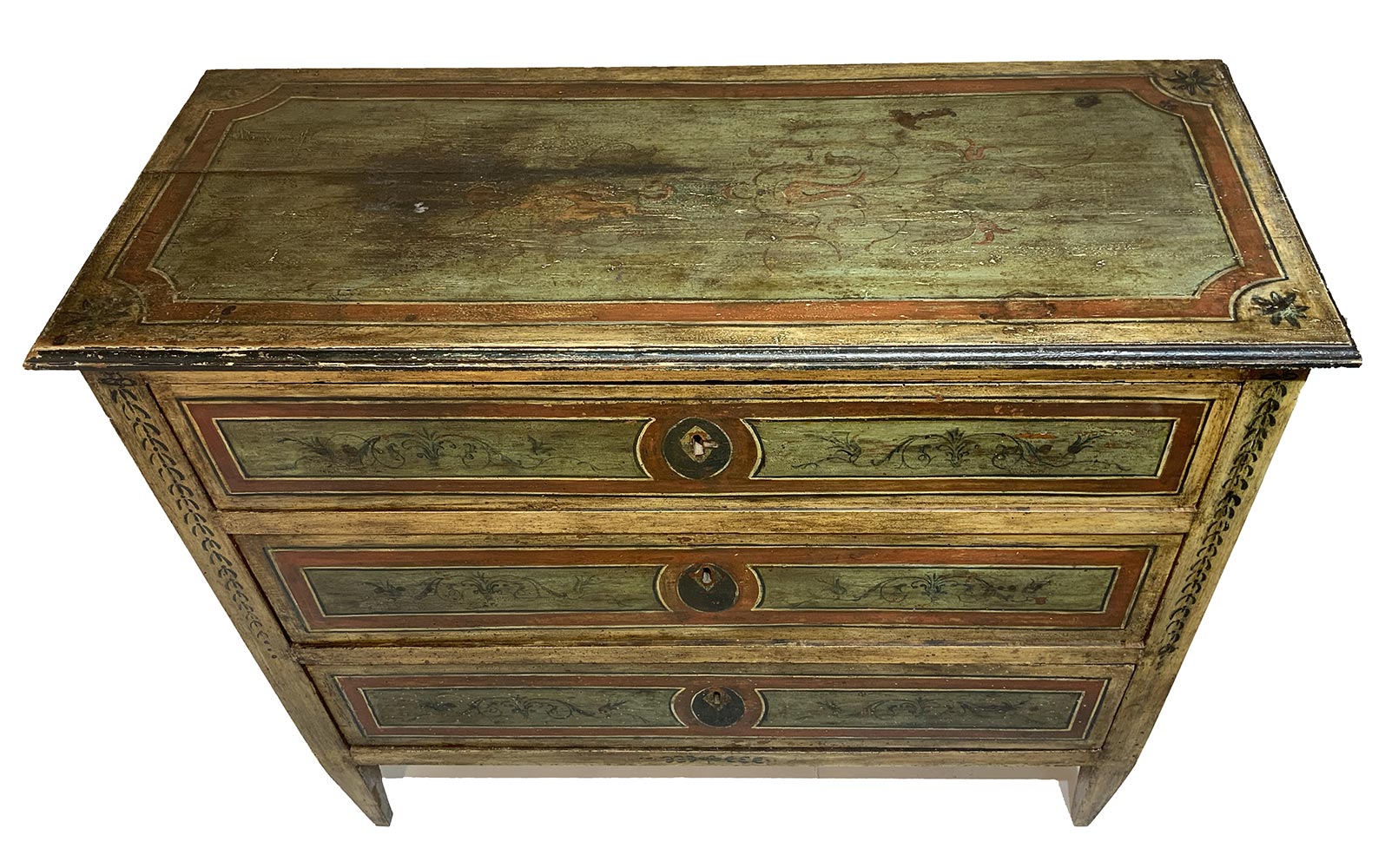 lacquered wooden chest of drawers, early nineteenth century Sicily. In the green and shades of - Image 5 of 8