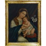 Oil paint on canvas depicting the Madonna with child and lilies, 19th Century, Cm 80x61.