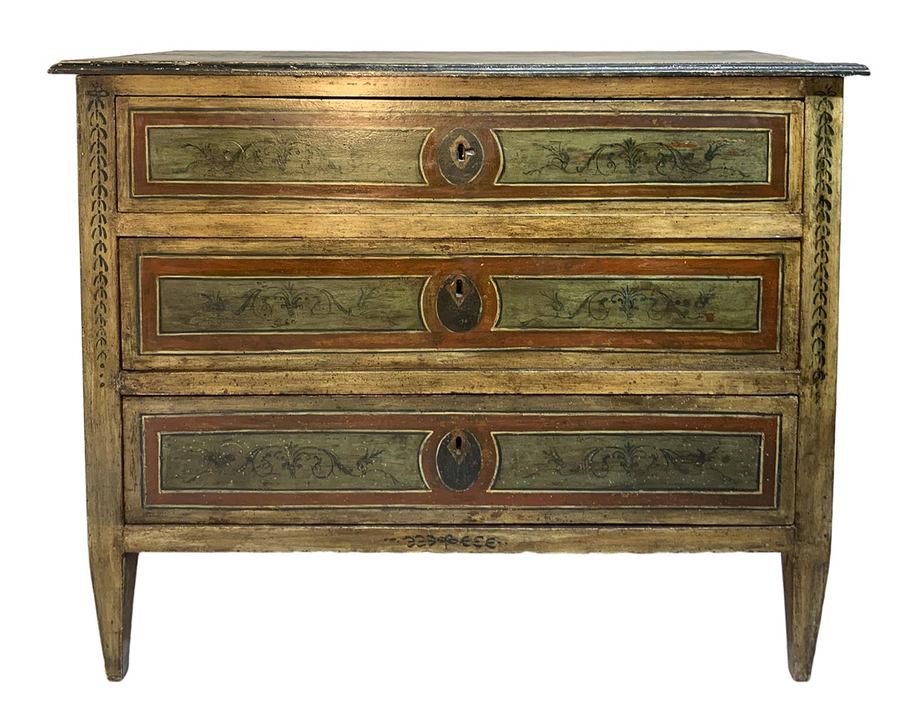 lacquered wooden chest of drawers, early nineteenth century Sicily. In the green and shades of - Image 2 of 8