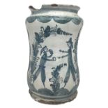 Cylinder in Albisola white tiles, with blue characters , eighteenth century. H cm 20 cm base 12.