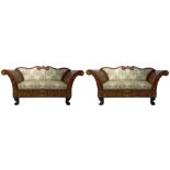 Pair of two-seater sofas in inlaid mahogany, side armrests in boxes, round feet in solid wood with