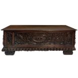 Chest in walnut, seventeenth century Tuscany. Carved on the front with baroque styles, the basic