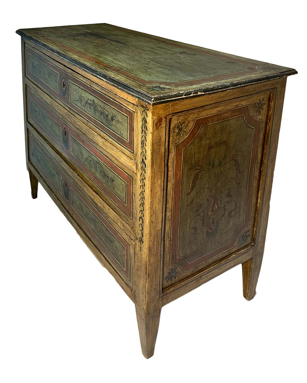 lacquered wooden chest of drawers, early nineteenth century Sicily. In the green and shades of - Image 3 of 8