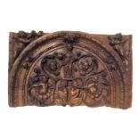 Fragment of walnut wood carved frieze depicting Santa Barbara with putti and satyrs, XVII / XVIII