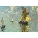 Oil paint on wood depicting marina with boats, late nineteenth century. Cm 22x33.