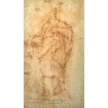 Design allegedly by Luca Giordano (Naples 1634-1705) depicting woman with cape. Red chalk on paper.