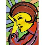 Acrylic on card Woman smiling, Luciano Castelli (1951, Lucerne, Switzerland). Cm71x51. Signed lower