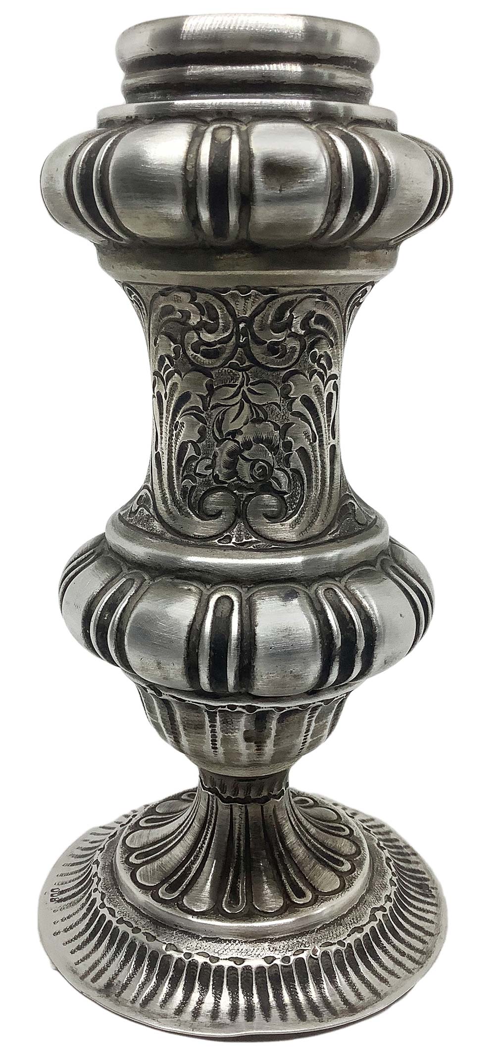 Small silver vase, late 19th century. Punched "Silver 800". H cm 16 with base, diameter cm 2,5