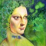 Acrylic paint on canvas depicting a woman's face, twentieth century, Italy. Cm 30x30. Signed and