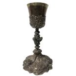 inargento Chalice. Circular base scalloped, embossed decoration with large leaves and flowers. 14.2