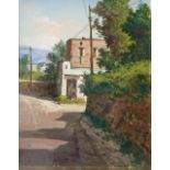 Oil paint on canvas depicting landscape with houses, 45x35 cm, twentieth century. Signed on the