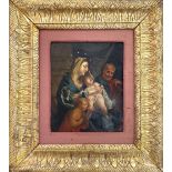 Oil paint on copper depicting Holy Family with St. John. On the back fragment to oldest oil