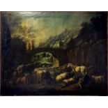 Oil paint on canvas depicting landscape with bridge, waterfalls and herds, circle of Rosa di