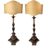 Pair of wooden candlesticks with fan, XIX century. H 125 cm.