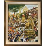 Oil paint on canvas depicting Candelore the Festa di Sant'Agata, signed Maria Grassi. Cm 95x70.