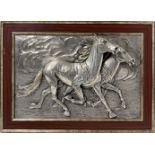 Silver plate depicting pair of running horses, Mina Bernardo, twentieth century. Cm 38x57. Punched
