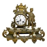 Bronze clock depicting a young boy, with alabaster base and white porcelain dial, 19th century. H