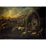 Oil paint on canvas depicting landscape with herds and shepherds in the cave area of ??Rose