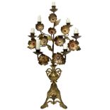 Golden brass candelabrum with seven lamps with colored glass decorations, nineteenth century. H 64