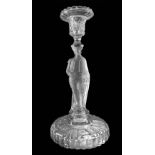 Single-hole candlestick in white glass decorated with a man with a sword, end of XIX century. H Cm