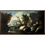 Oil paint on canvas depicting landscape with ruin, from the XVIII century Italian painter. Cm