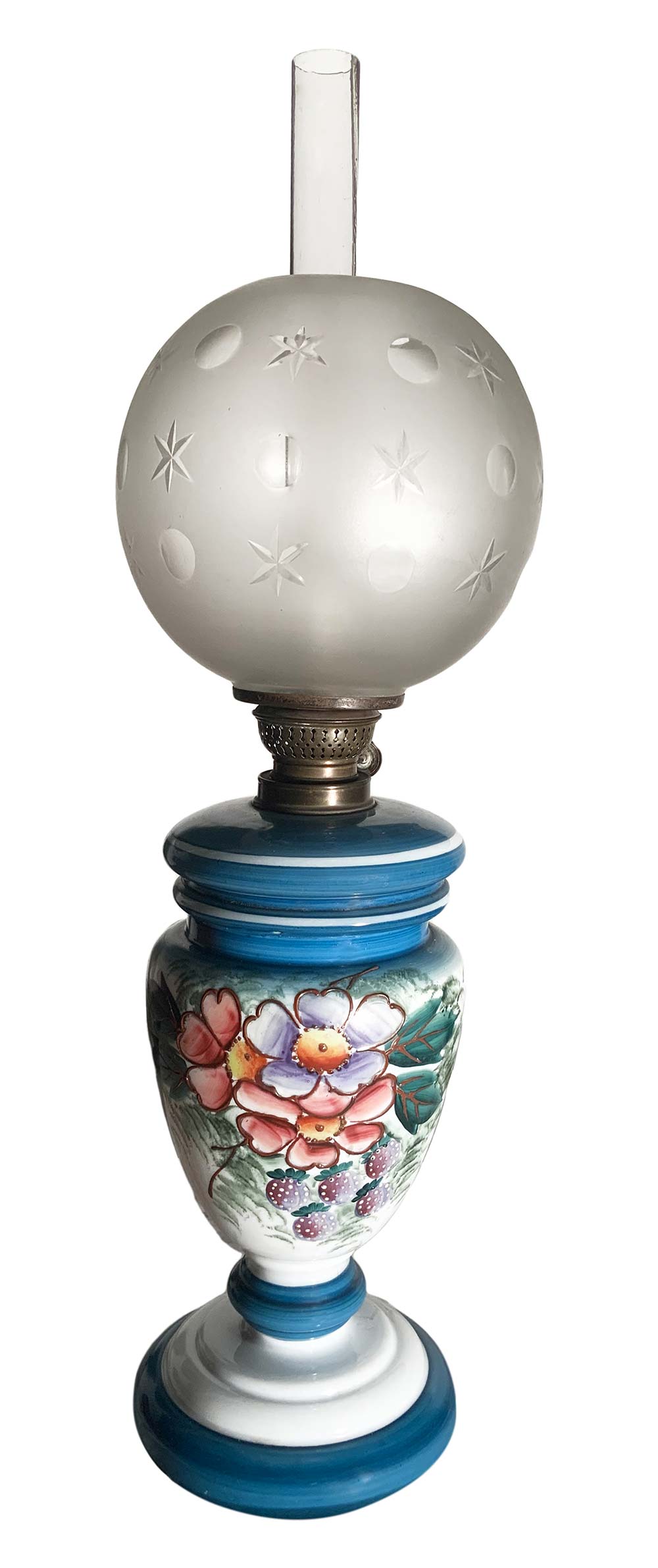 Lamp in blue opaline with floral decorations . Late nineteenth century. H 57 cm