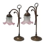 Pair of brass "Abat jour" with pink glass tulip bell, late 19th century. H cm 44