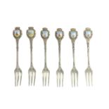 6 forks in silver 800 with enamels depicting the symbols of the city of Catania. H 11 cm.