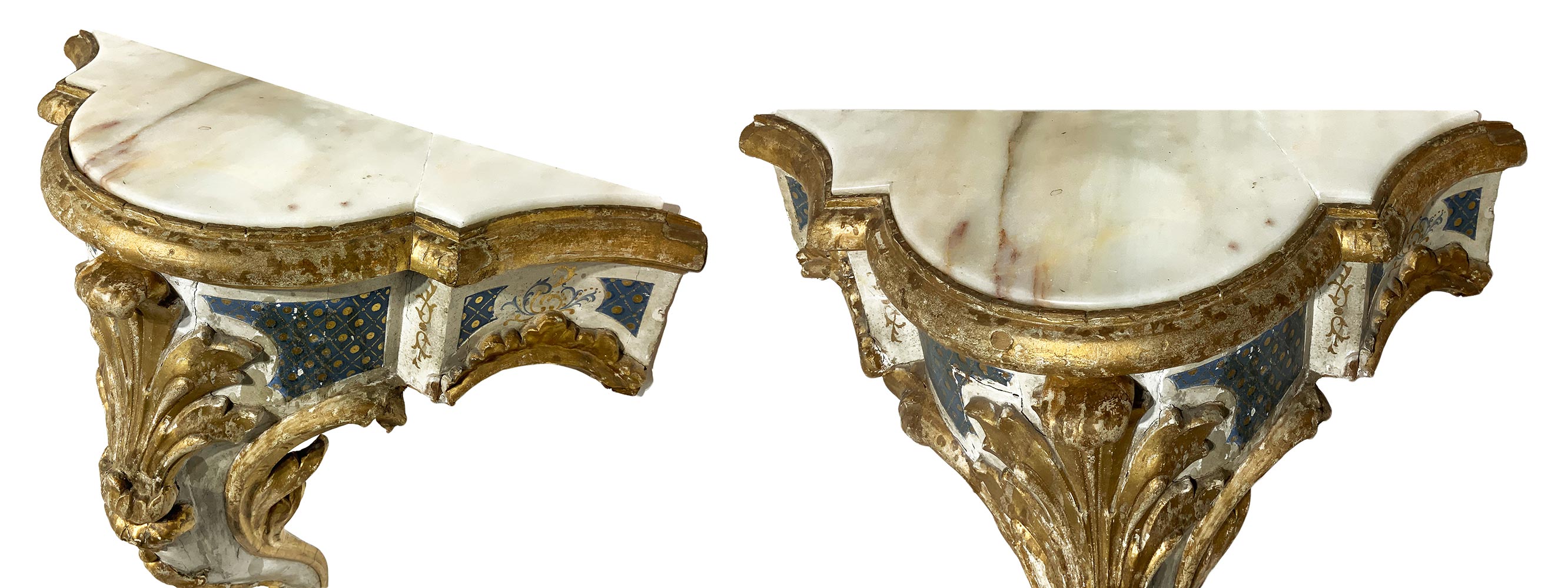 Pair of lacquered and gilded wood console, late XVIII/early 19th century, Sicily. White marble on - Image 5 of 8